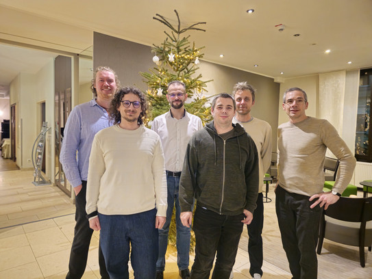 Photo of Working Group of Prof. Johannes Fischer; the five persons stand in front of a Christmas tree